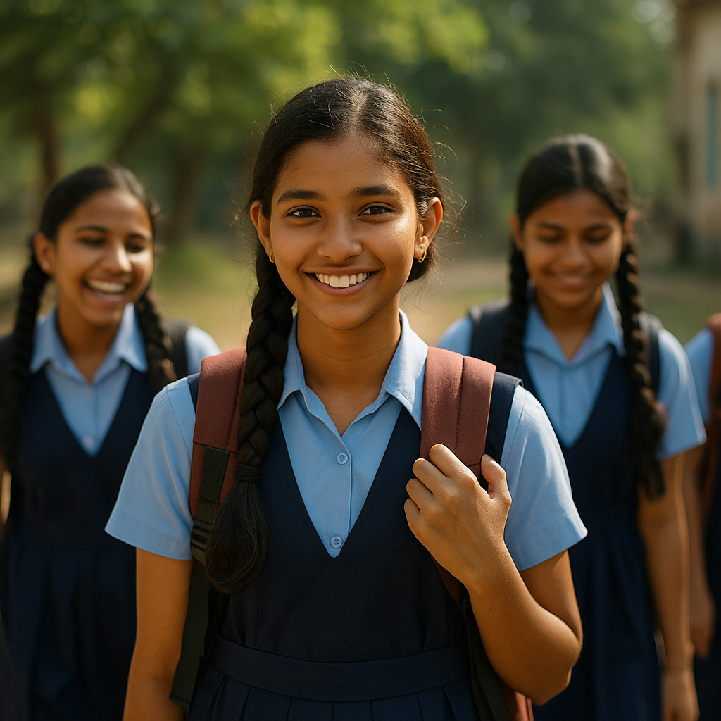 A group of adolescent students in uniform, learning together.